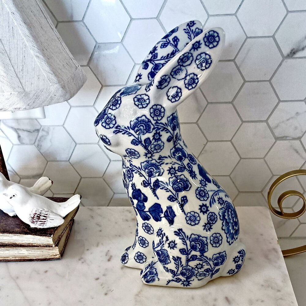 NEW! FRENCH Cottage BLUE & WHITE FLORAL BUNNY DECOR
